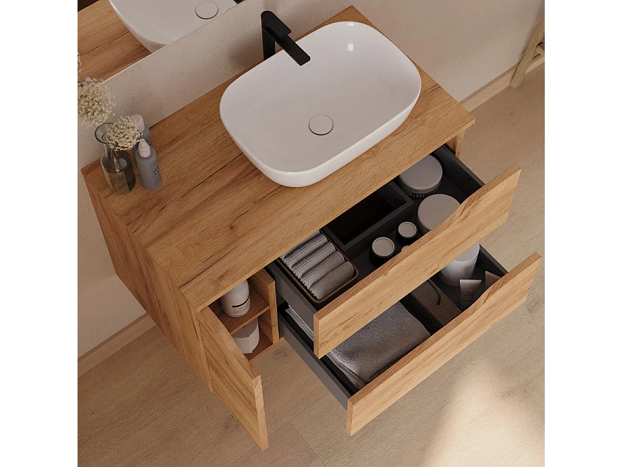 Meuble de salle de bain 80cm avec plateau, vasque à poser déportée à droite Zeus et miroir - 2 tiroirs et un placard - roble (chêne clair) - ZARZA