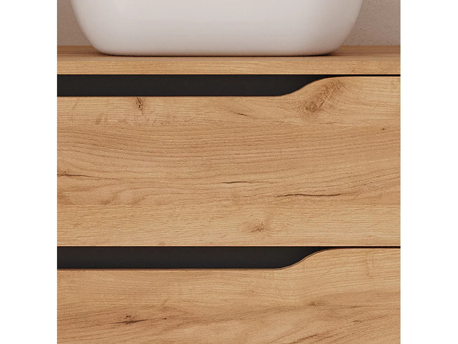 Meuble de salle de bain 80cm avec plateau, vasque à poser déportée à droite Zeus et miroir - 2 tiroirs et un placard - roble (chêne clair) - ZARZA