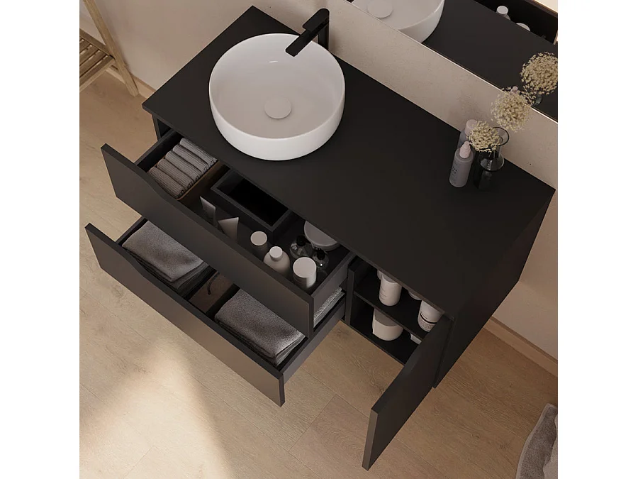 Meuble de salle de bain 100cm avec plateau et vasque à poser à gauche Ares - sans miroir - 2 tiroirs et un placard - noir - ZARZA