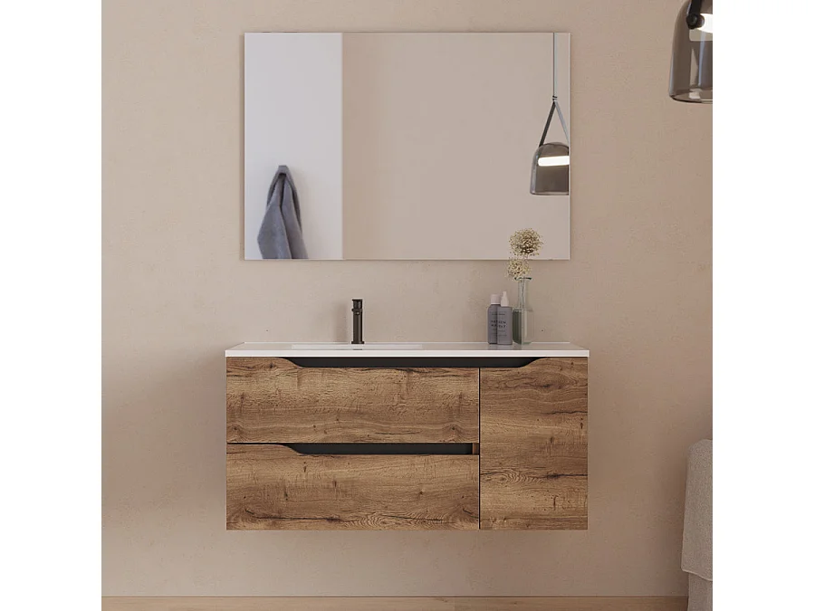 Meuble de salle de bain 100cm avec vasque déportée à gauche - sans miroir - 2 tiroirs et un placard - tabaco (bois foncé) - ZARZA