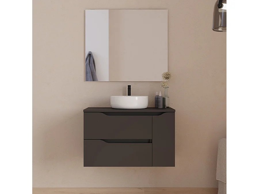 Meuble de salle de bain 80cm avec plateau et vasque à poser centrée Ares - sans miroir - 2 tiroirs et un placard - noir - ZARZA
