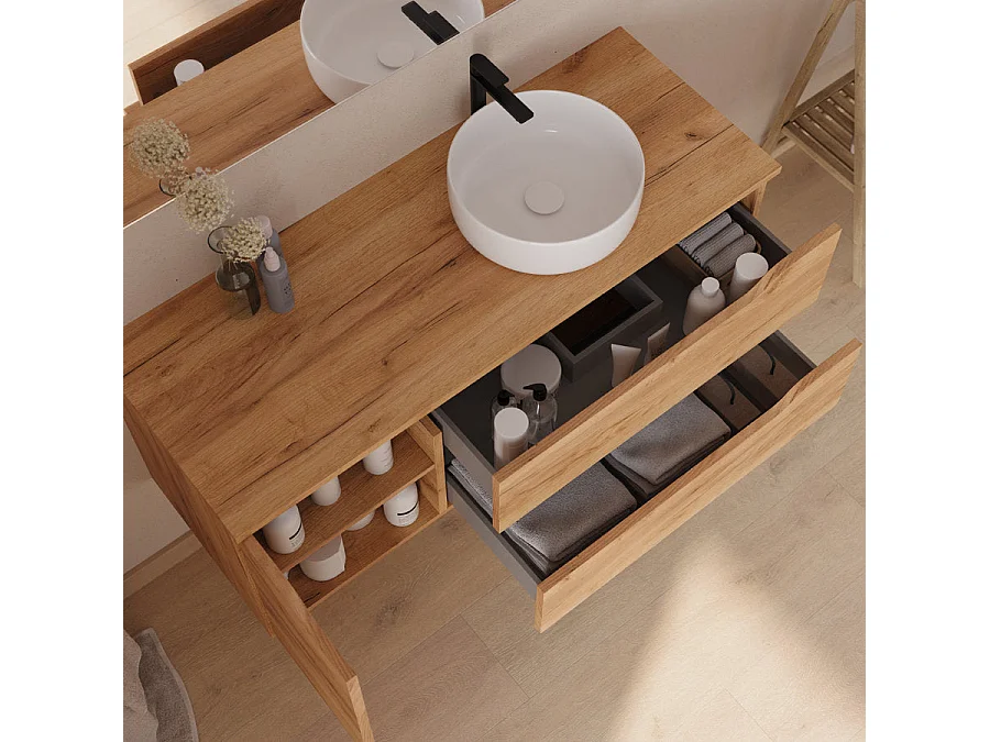 Meuble de salle de bain 120cm avec plateau et vasque à poser à droite Ares - sans miroir - 2 tiroirs et un placard - roble (chêne clair) - ZARZA