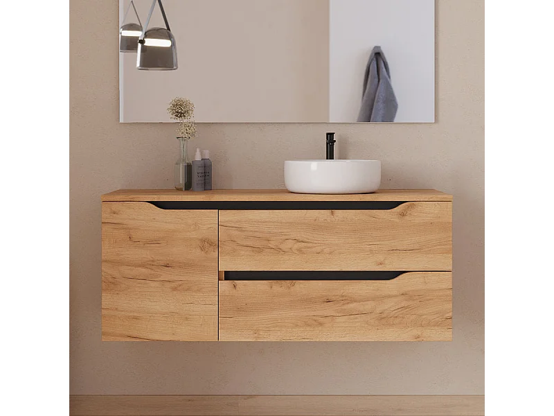 Meuble de salle de bain 120cm avec plateau et vasque à poser à droite Ares - sans miroir - 2 tiroirs et un placard - roble (chêne clair) - ZARZA