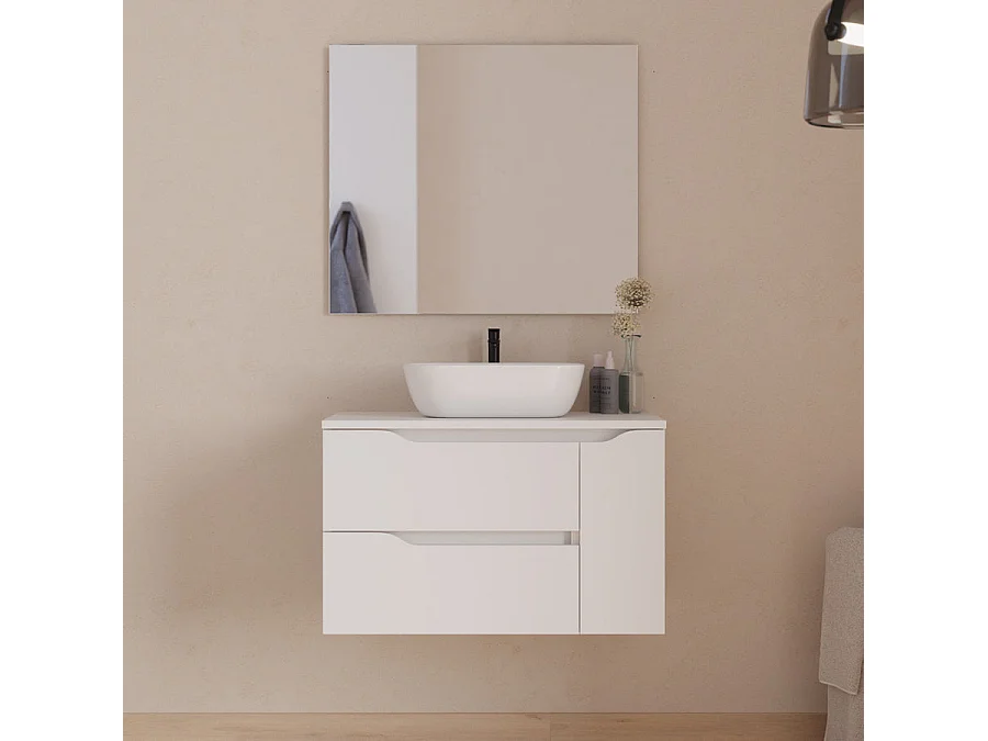 Meuble de salle de bain 80cm avec plateau et vasque à poser centrée Zeus - sans miroir - 2 tiroirs et un placard - blanc - ZARZA
