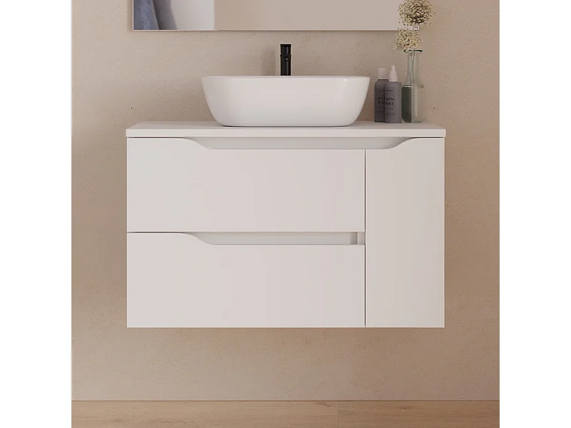 Meuble de salle de bain 80cm avec plateau et vasque à poser centrée Zeus - sans miroir - 2 tiroirs et un placard - blanc - ZARZA
