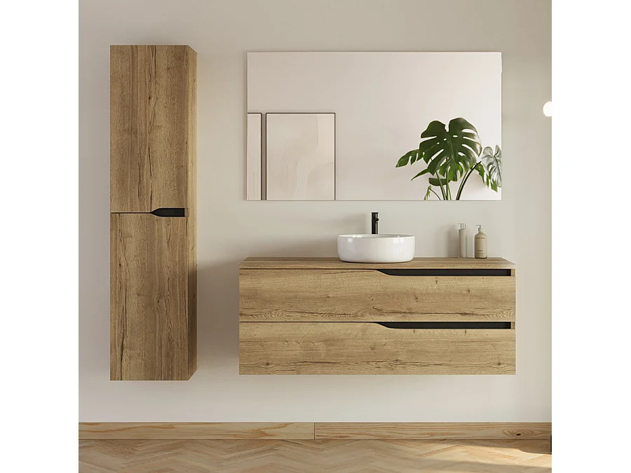 Meuble de salle de bain 120cm avec plateau et vasque ronde Ares - 2 tiroirs et colonne de rangement - madera miel (bois clair) - LUNA