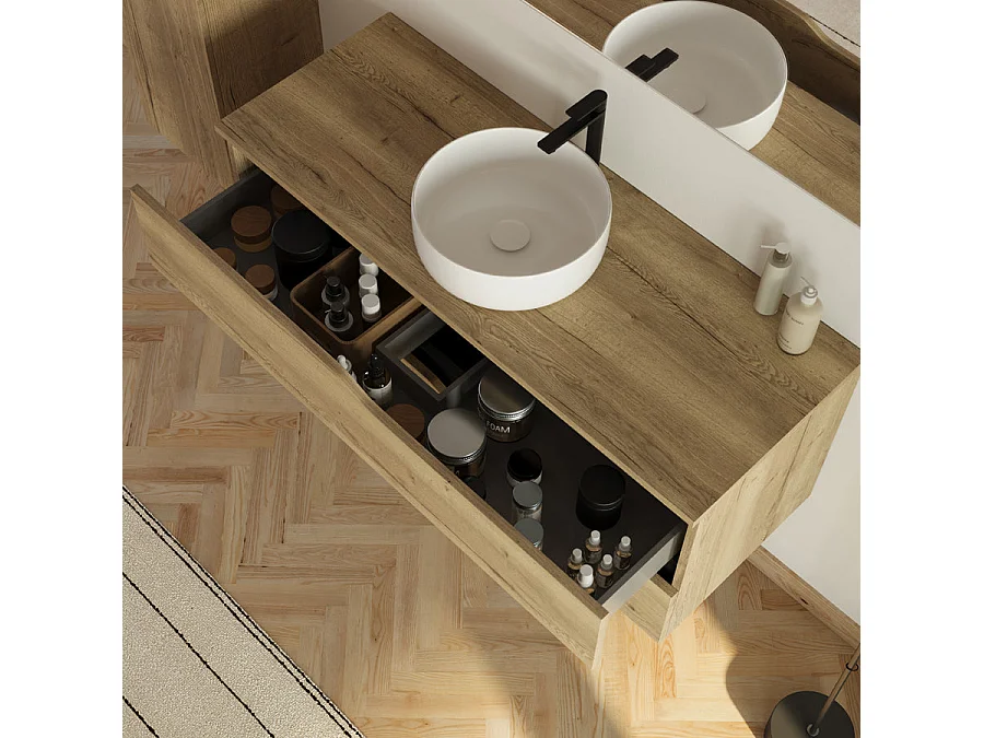 Meuble de salle de bain 120cm avec plateau et vasque ronde Ares - 2 tiroirs et colonne de rangement - madera miel (bois clair) - LUNA