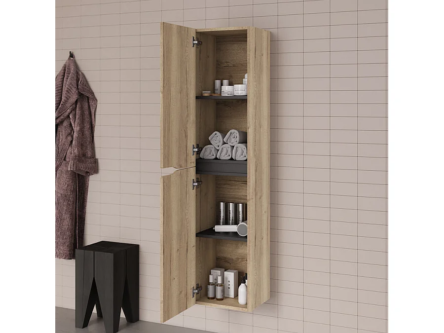 Meuble de salle de bain 120cm avec plateau et vasque ronde Ares - 2 tiroirs et colonne de rangement - madera miel (bois clair) - LUNA