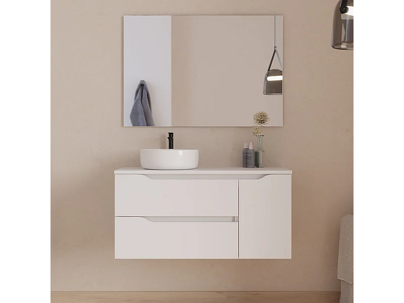 Meuble de salle de bain 100cm avec plateau, vasque à poser déportée à gauche Ares et miroir - 2 tiroirs et un placard - blanc - ZARZA