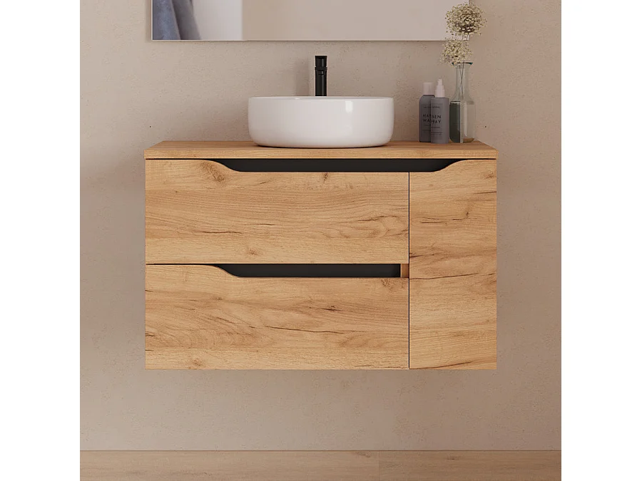 Meuble de salle de bain 80cm avec plateau, vasque à poser centrée Ares et miroir - 2 tiroirs et un placard - roble (chêne clair) - ZARZA