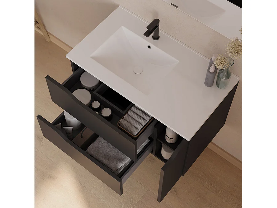Meuble de salle de bain 80cm avec vasque déportée à gauche et miroir - 2 tiroirs et un placard - noir - ZARZA