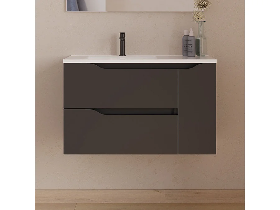 Meuble de salle de bain 80cm avec vasque déportée à gauche et miroir - 2 tiroirs et un placard - noir - ZARZA