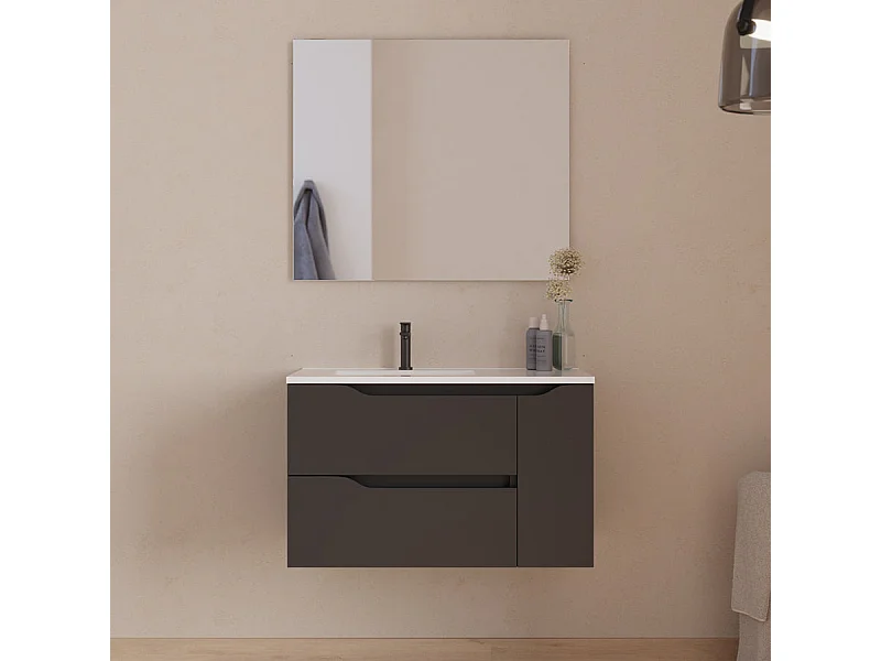 Meuble de salle de bain 80cm avec vasque déportée à gauche et miroir - 2 tiroirs et un placard - noir - ZARZA