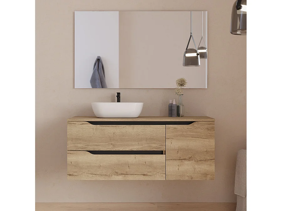 Meuble de salle de bain 120cm avec plateau, vasque à poser déportée à gauche Zeus et miroir - 2 tiroirs et un placard - madera miel (bois clair) - ZARZA