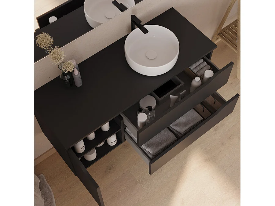 Meuble de salle de bain 120cm avec plateau, vasque à poser déportée à droite Ares et miroir - 2 tiroirs et un placard - noir - ZARZA