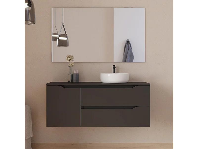 Meuble de salle de bain 120cm avec plateau, vasque à poser déportée à droite Ares et miroir - 2 tiroirs et un placard - noir - ZARZA