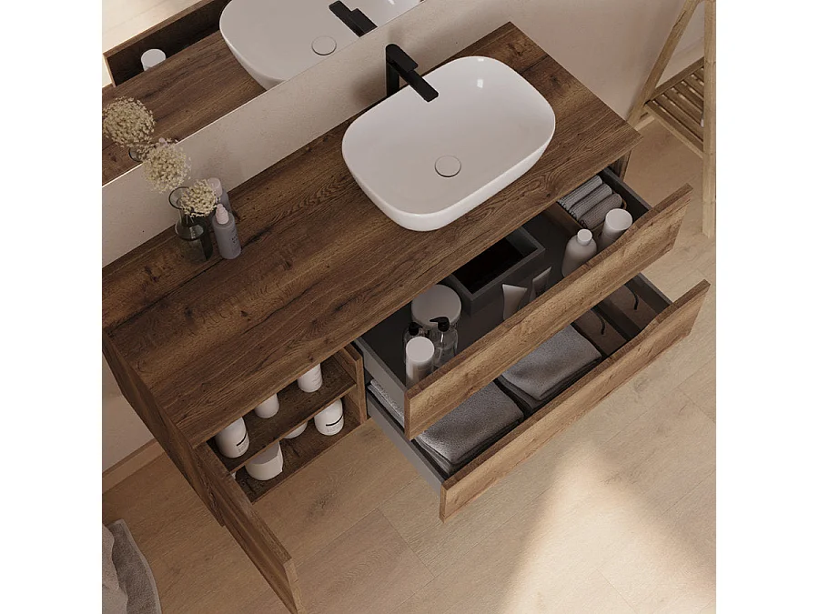 Meuble de salle de bain 120cm avec plateau, vasque à poser déportée à droite Zeus et miroir - 2 tiroirs et un placard - tabaco (bois foncé) - ZARZA