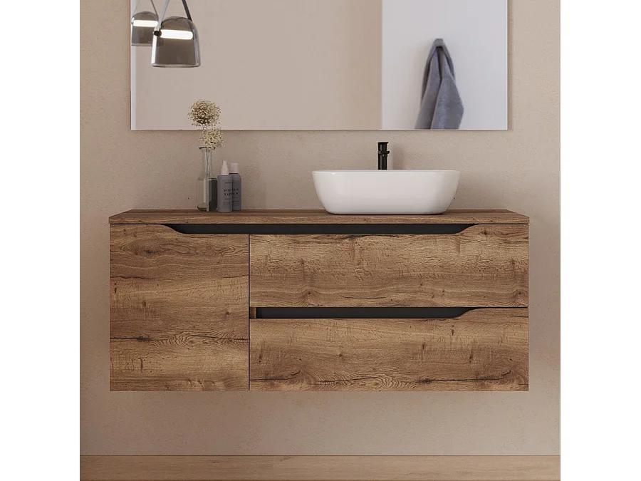 Meuble de salle de bain 120cm avec plateau, vasque à poser déportée à droite Zeus et miroir - 2 tiroirs et un placard - tabaco (bois foncé) - ZARZA