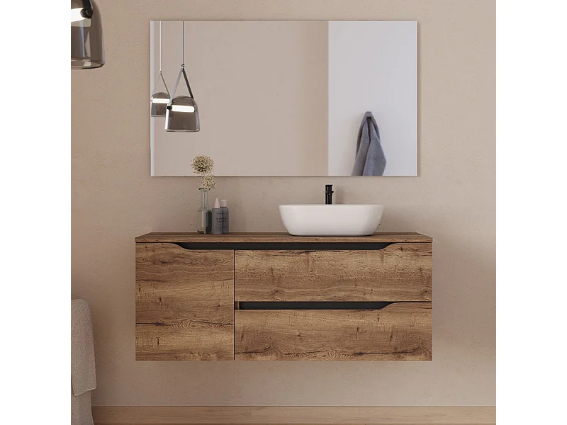 Meuble de salle de bain 120cm avec plateau, vasque à poser déportée à droite Zeus et miroir - 2 tiroirs et un placard - tabaco (bois foncé) - ZARZA