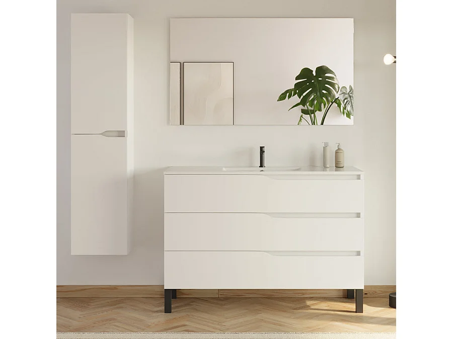 Meuble de salle de bain 120cm avec simple vasque - 3 tiroirs et colonne de rangement - blanc mat - MATA