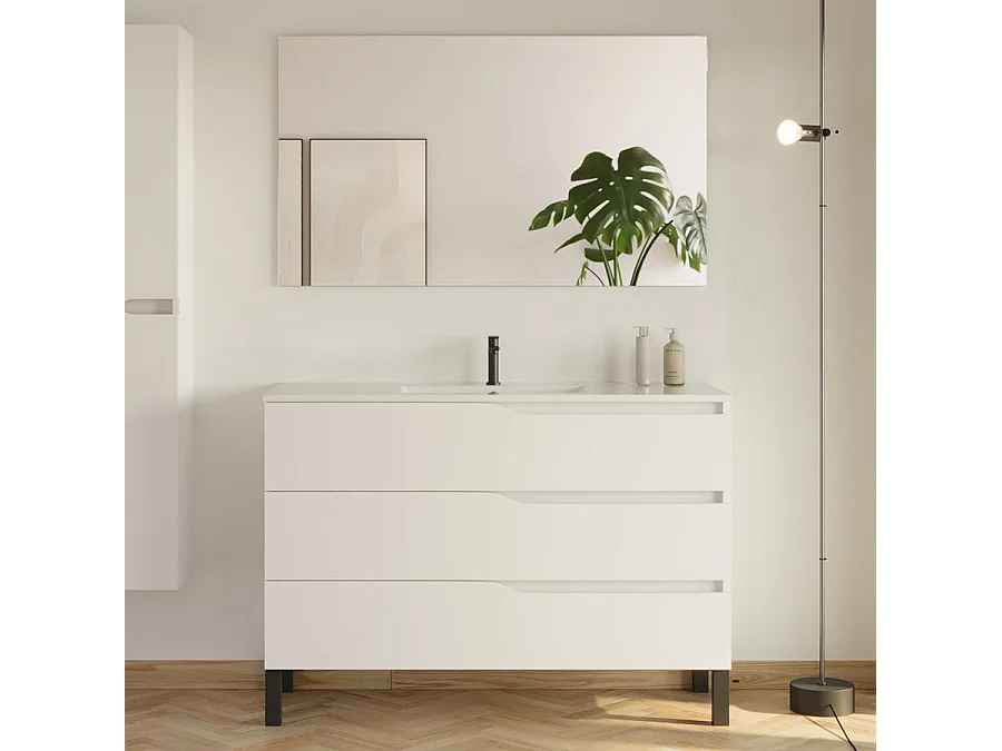 Meuble de salle de bain 120cm avec simple vasque - 3 tiroirs et colonne de rangement - blanc mat - MATA