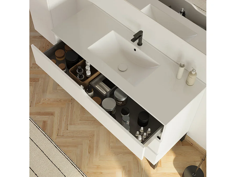 Meuble de salle de bain 120cm avec simple vasque - 3 tiroirs et colonne de rangement - blanc mat - MATA