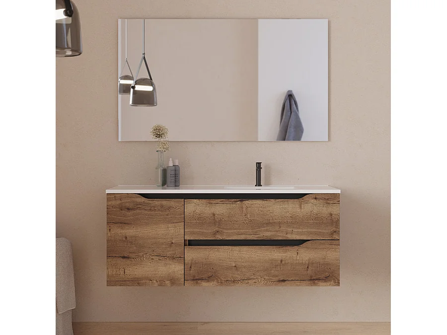 Meuble de salle de bain 120cm avec vasque déportée à droite et miroir - 2 tiroirs et un placard - tabaco (bois foncé) - ZARZA