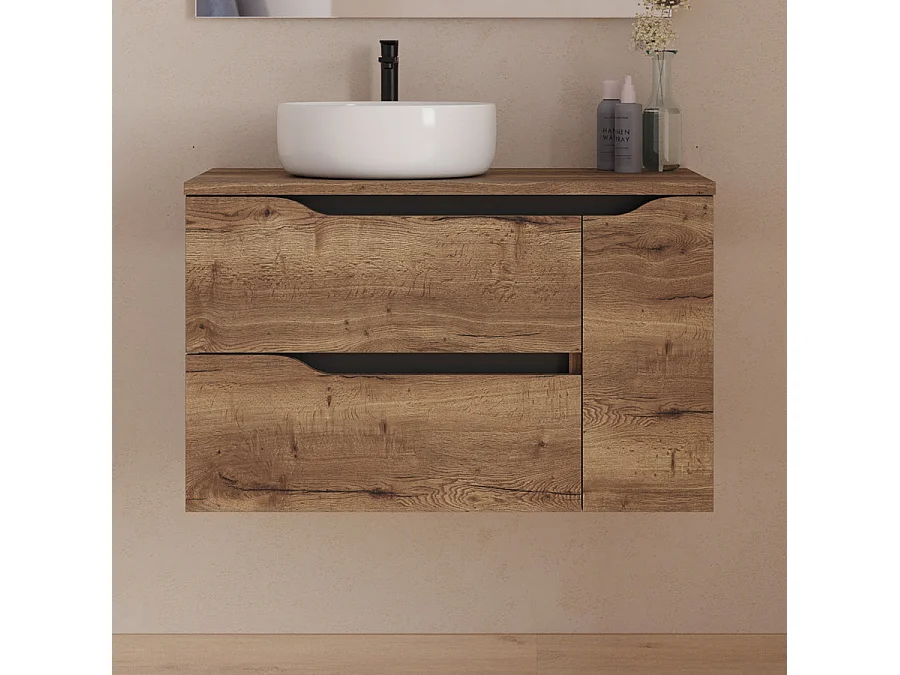 Meuble de salle de bain 80cm avec plateau et vasque à poser à gauche Ares - sans miroir - 2 tiroirs et un placard - tabaco (bois foncé) - ZARZA