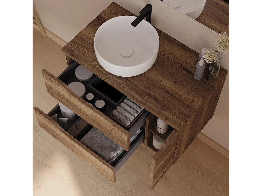 Meuble de salle de bain 80cm avec plateau et vasque à poser à gauche Ares - sans miroir - 2 tiroirs et un placard - tabaco (bois foncé) - ZARZA