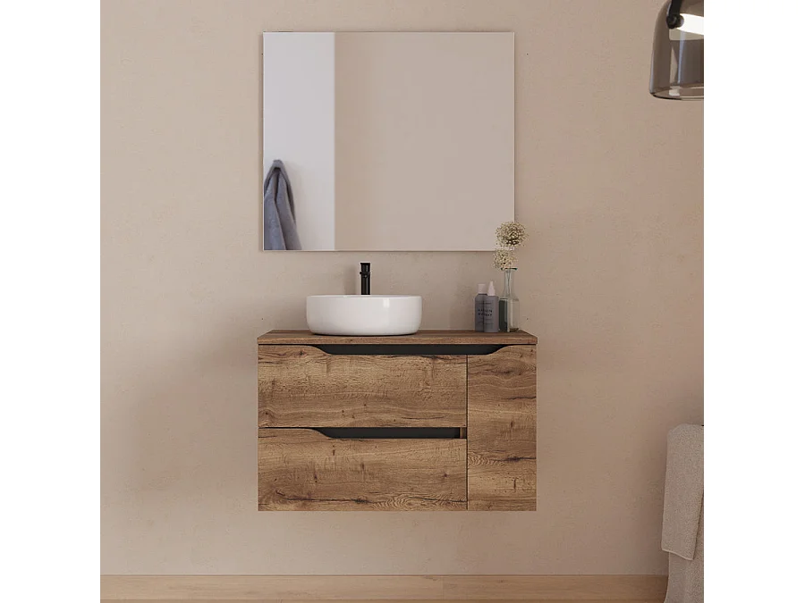 Meuble de salle de bain 80cm avec plateau et vasque à poser à gauche Ares - sans miroir - 2 tiroirs et un placard - tabaco (bois foncé) - ZARZA
