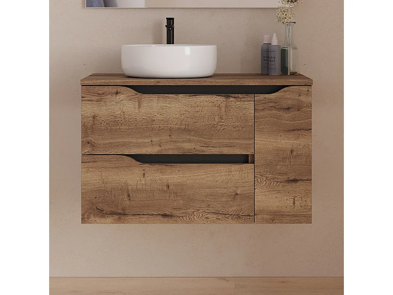 Meuble de salle de bain 80cm avec plateau et vasque à poser à gauche Ares - sans miroir - 2 tiroirs et un placard - tabaco (bois foncé) - ZARZA