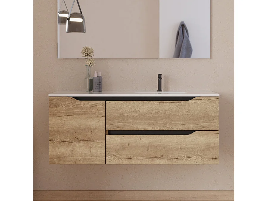 Meuble de salle de bain 120cm avec vasque déportée à droite et miroir - 2 tiroirs et un placard - madera miel (bois clair) - ZARZA