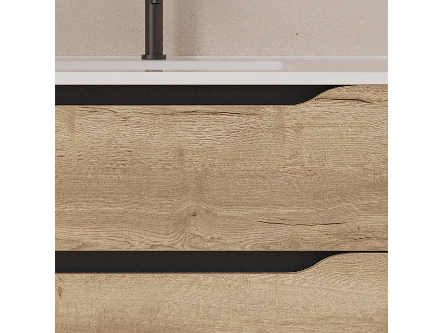 Meuble de salle de bain 120cm avec vasque déportée à droite et miroir - 2 tiroirs et un placard - madera miel (bois clair) - ZARZA