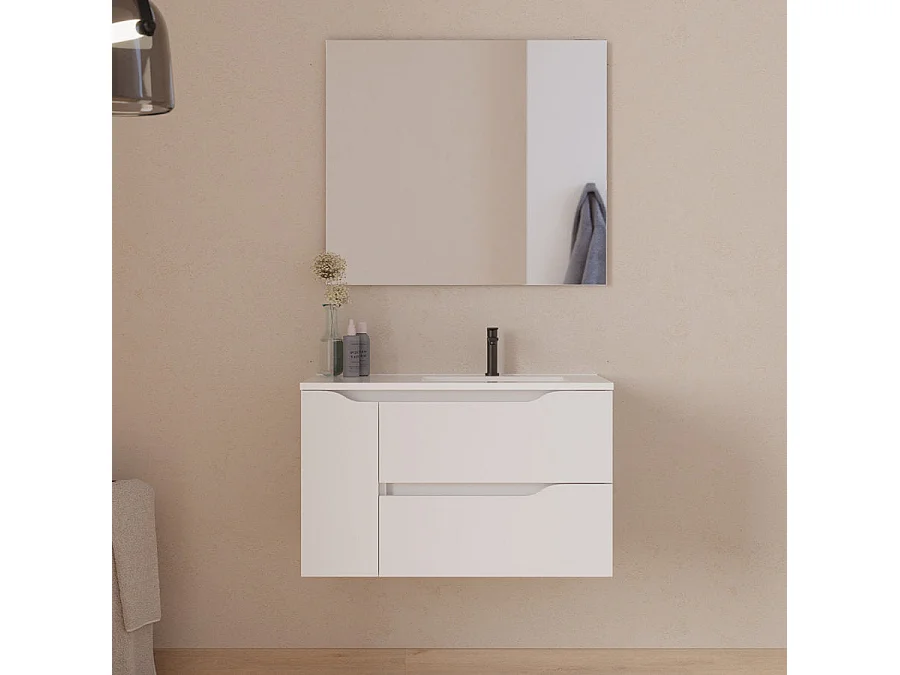Meuble de salle de bain 80cm avec vasque déportée à droite - sans miroir - 2 tiroirs et un placard - blanc - ZARZA