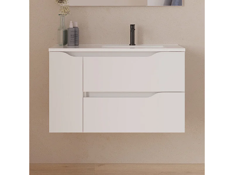 Meuble de salle de bain 80cm avec vasque déportée à droite - sans miroir - 2 tiroirs et un placard - blanc - ZARZA