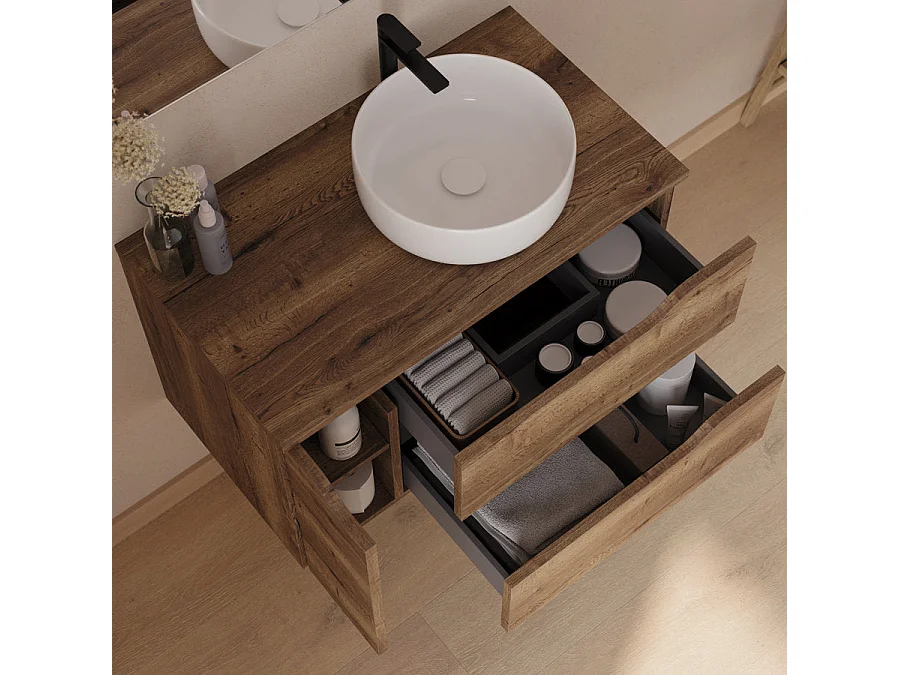 Meuble de salle de bain 80cm avec plateau et vasque à poser à droite Ares - sans miroir - 2 tiroirs et un placard - tabaco (bois foncé) - ZARZA