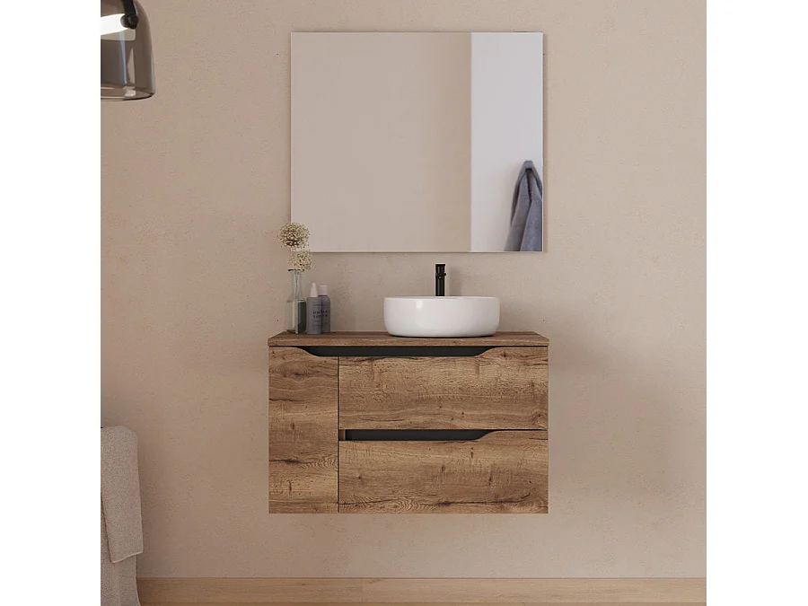 Meuble de salle de bain 80cm avec plateau et vasque à poser à droite Ares - sans miroir - 2 tiroirs et un placard - tabaco (bois foncé) - ZARZA