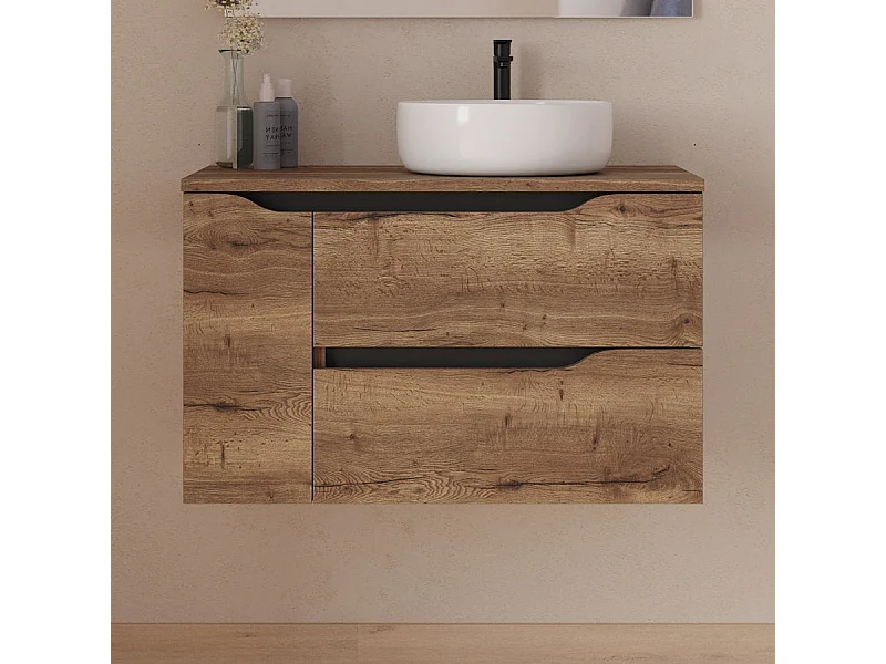Meuble de salle de bain 80cm avec plateau et vasque à poser à droite Ares - sans miroir - 2 tiroirs et un placard - tabaco (bois foncé) - ZARZA