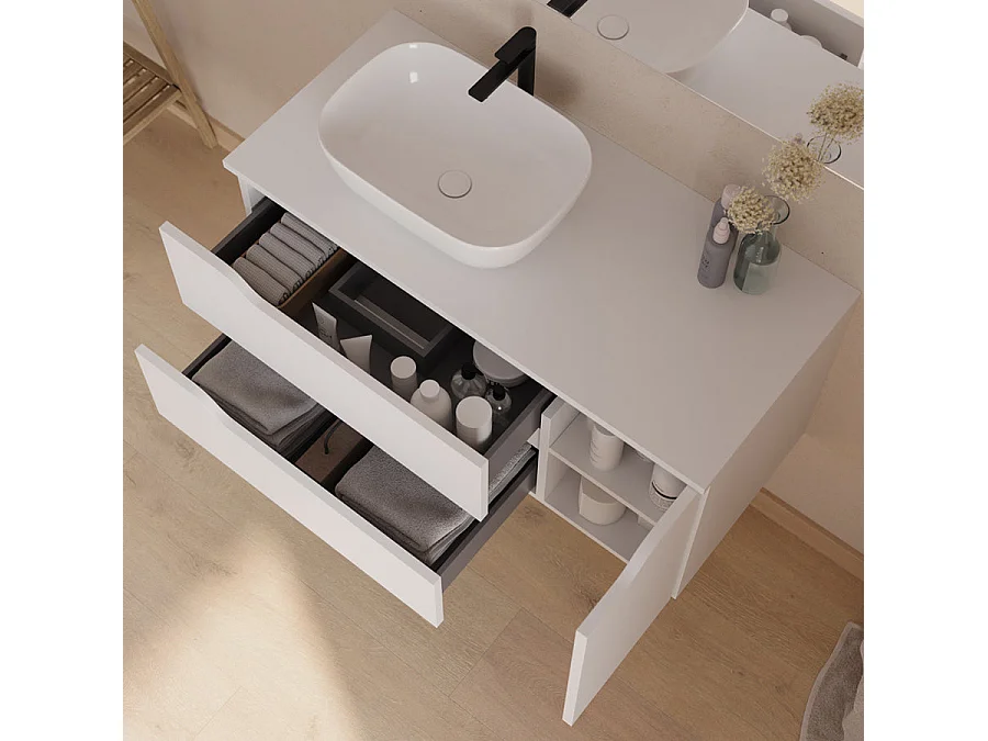 Meuble de salle de bain 100cm avec plateau, vasque à poser déportée à gauche Zeus et miroir - 2 tiroirs et un placard - blanc - ZARZA