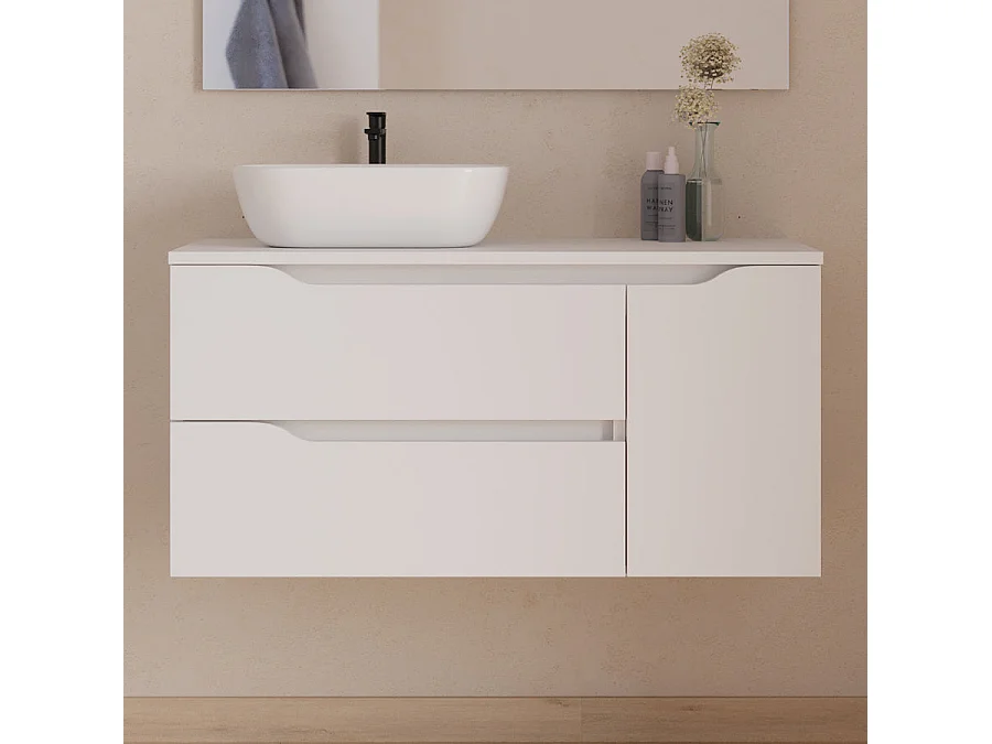 Meuble de salle de bain 100cm avec plateau, vasque à poser déportée à gauche Zeus et miroir - 2 tiroirs et un placard - blanc - ZARZA