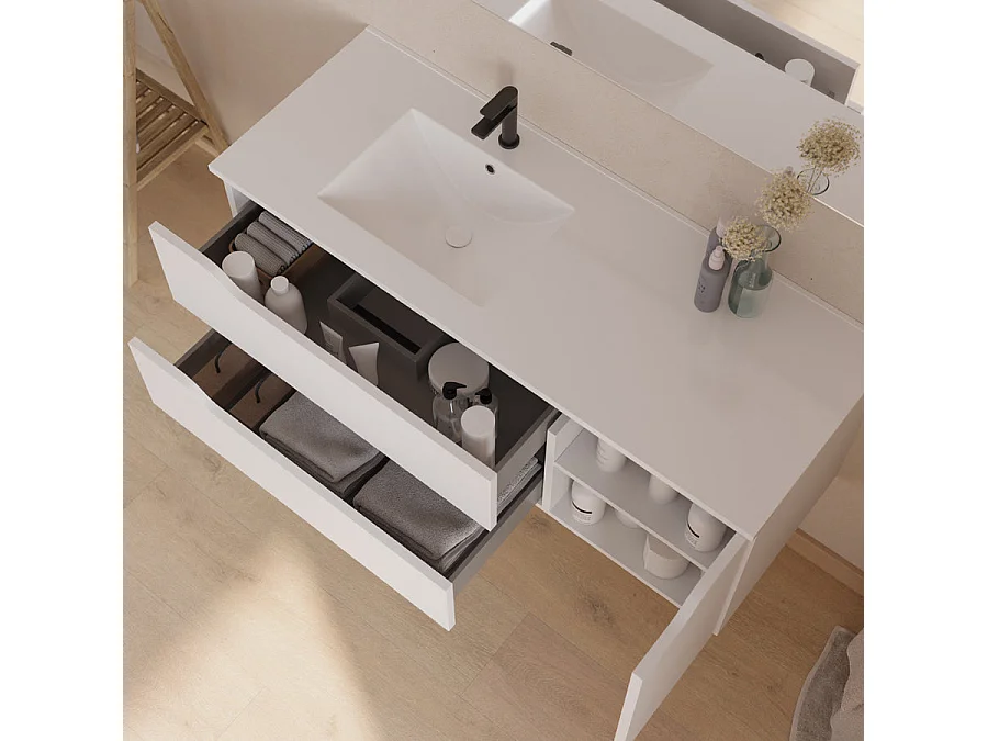 Meuble de salle de bain 120cm avec vasque déportée à gauche - sans miroir - 2 tiroirs et un placard - blanc - ZARZA