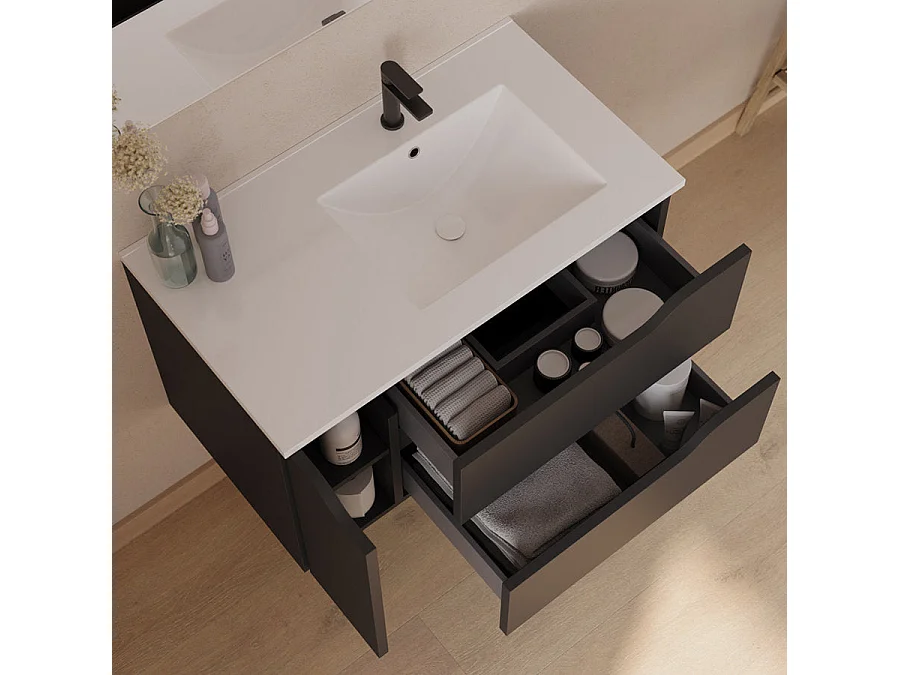 Meuble de salle de bain 80cm avec vasque déportée à droite et miroir - 2 tiroirs et un placard - noir - ZARZA