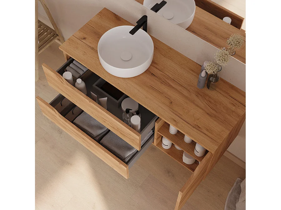Meuble de salle de bain 120cm avec plateau et vasque à poser à gauche Ares - sans miroir - 2 tiroirs et un placard - roble (chêne clair) - ZARZA
