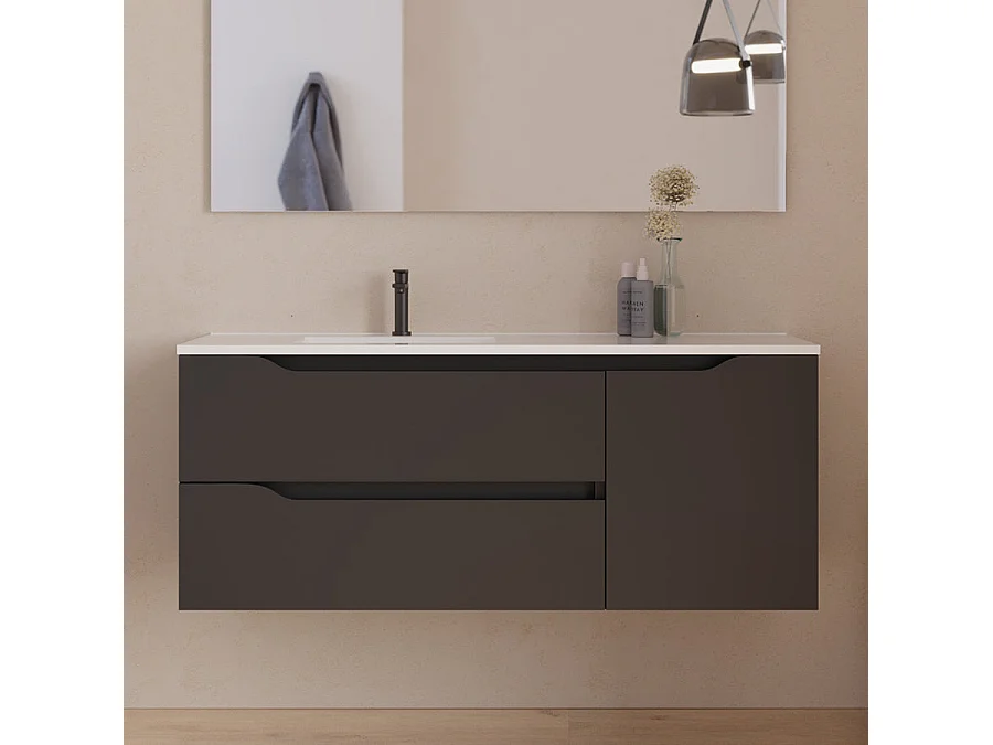 Meuble de salle de bain 120cm avec vasque déportée à gauche - sans miroir - 2 tiroirs et un placard - noir - ZARZA