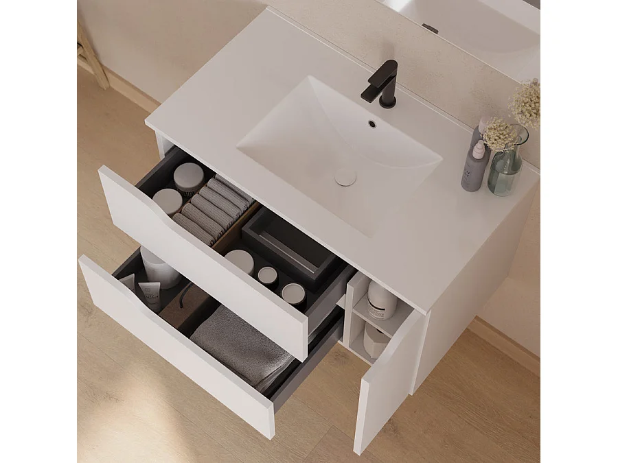 Meuble de salle de bain 80cm avec vasque centrée - sans miroir - 2 tiroirs et un placard - blanc - ZARZA