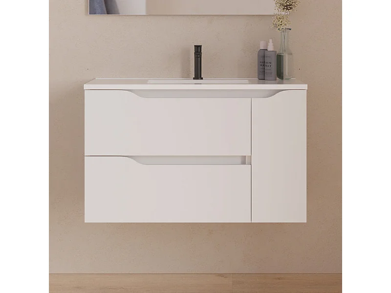 Meuble de salle de bain 80cm avec vasque centrée - sans miroir - 2 tiroirs et un placard - blanc - ZARZA