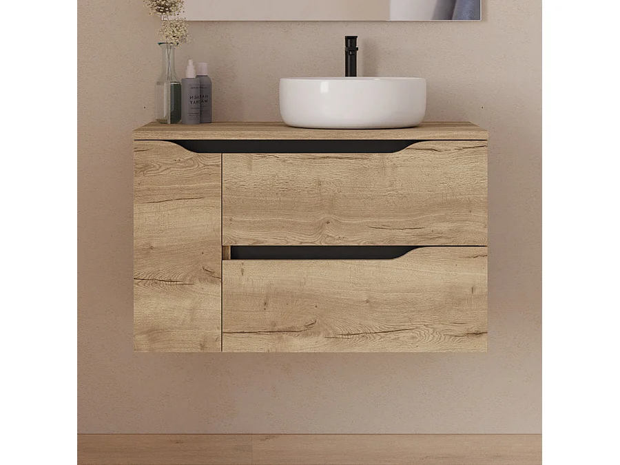 Meuble de salle de bain 80cm avec plateau et vasque à poser à droite Ares - sans miroir - 2 tiroirs et un placard - madera miel (bois clair) - ZARZA