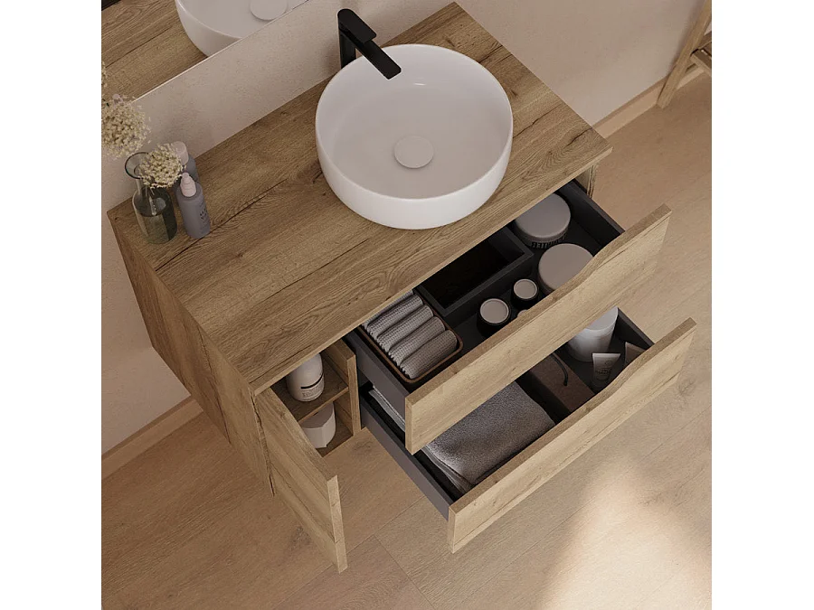 Meuble de salle de bain 80cm avec plateau et vasque à poser à droite Ares - sans miroir - 2 tiroirs et un placard - madera miel (bois clair) - ZARZA