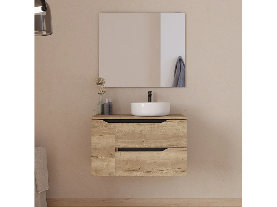 Meuble de salle de bain 80cm avec plateau et vasque à poser à droite Ares - sans miroir - 2 tiroirs et un placard - madera miel (bois clair) - ZARZA
