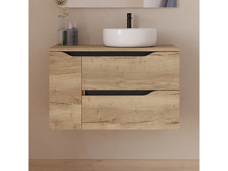 Meuble de salle de bain 80cm avec plateau et vasque à poser à droite Ares - sans miroir - 2 tiroirs et un placard - madera miel (bois clair) - ZARZA